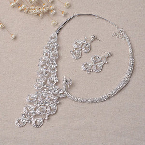 Bridal Jewelry Set with Peacock Rhinestone Necklace and Earrings