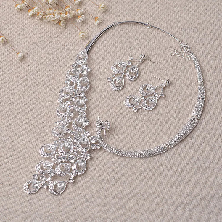 Bridal Jewelry Set with Peacock Rhinestone Necklace and Earrings