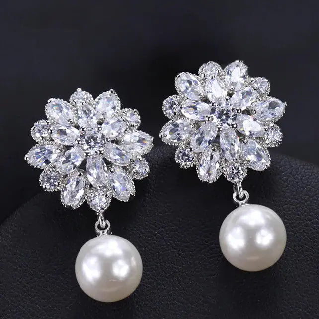 Bridal Pearl Earrings with Zircon Stone Studs 925 Silver