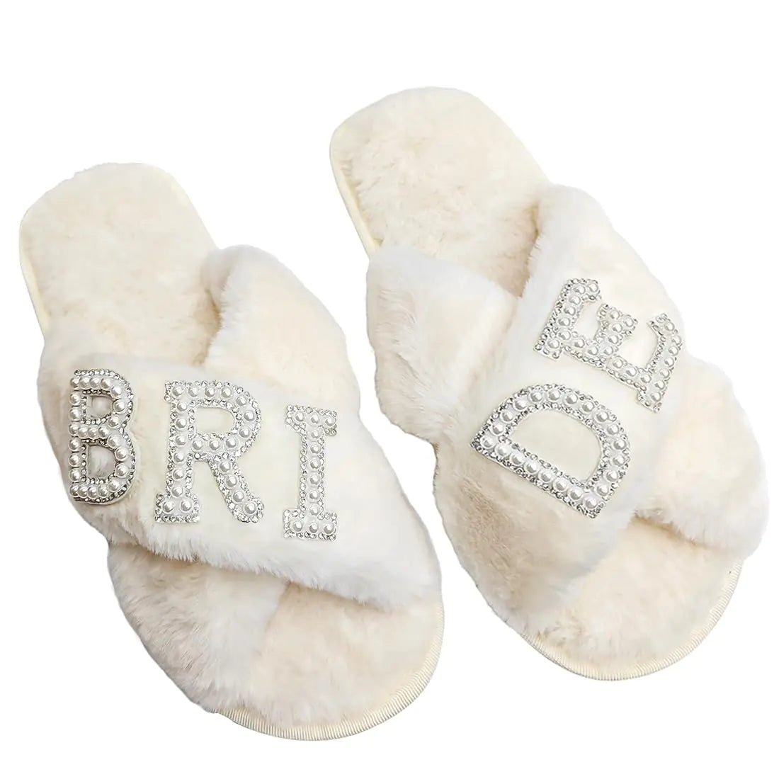 Pearl Rhinestone Bridal Slippers – White Faux Fur Wedding Slides