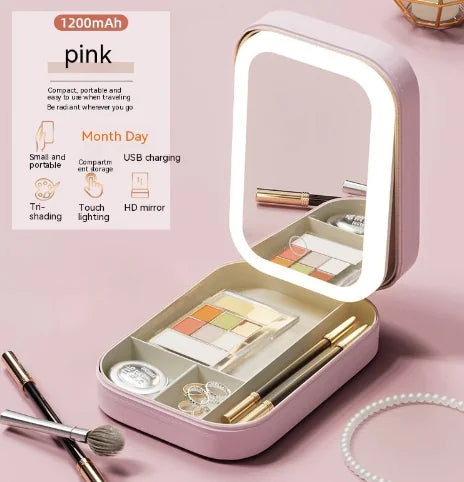 LED Makeup Storage Box with Adjustable Mirror (One Set)