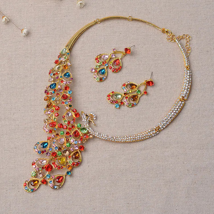 Bridal Jewelry Set with Peacock Rhinestone Necklace and Earrings