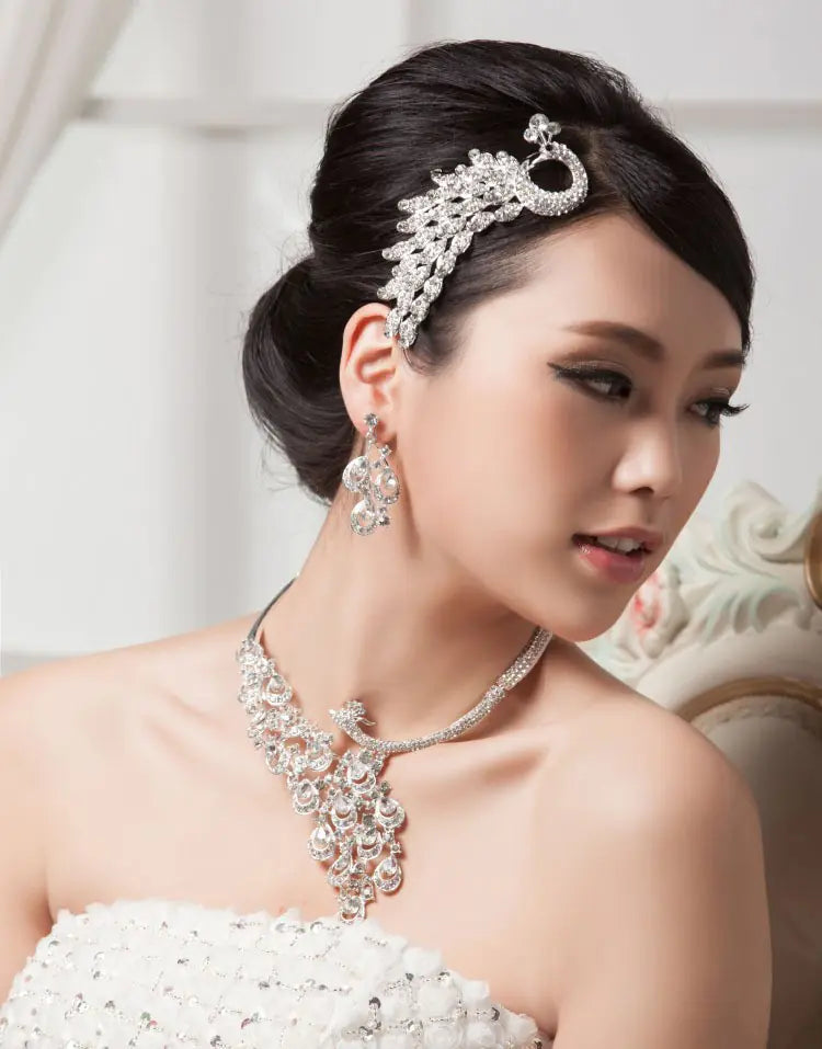 Bridal Jewelry Set with Peacock Rhinestone Necklace and Earrings