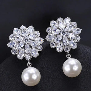 Bridal Pearl Earrings with Zircon Stone Studs 925 Silver
