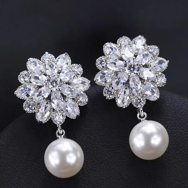 Bridal Pearl Earrings with Zircon Stone Studs 925 Silver