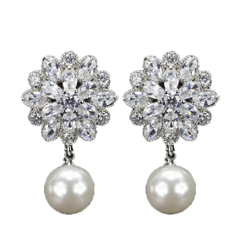 Bridal Pearl Earrings with Zircon Stone Studs 925 Silver